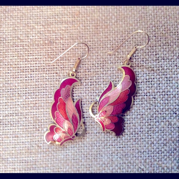 Jewelry - Red & Pink Cloisonné Butterfly Pierced Earrings